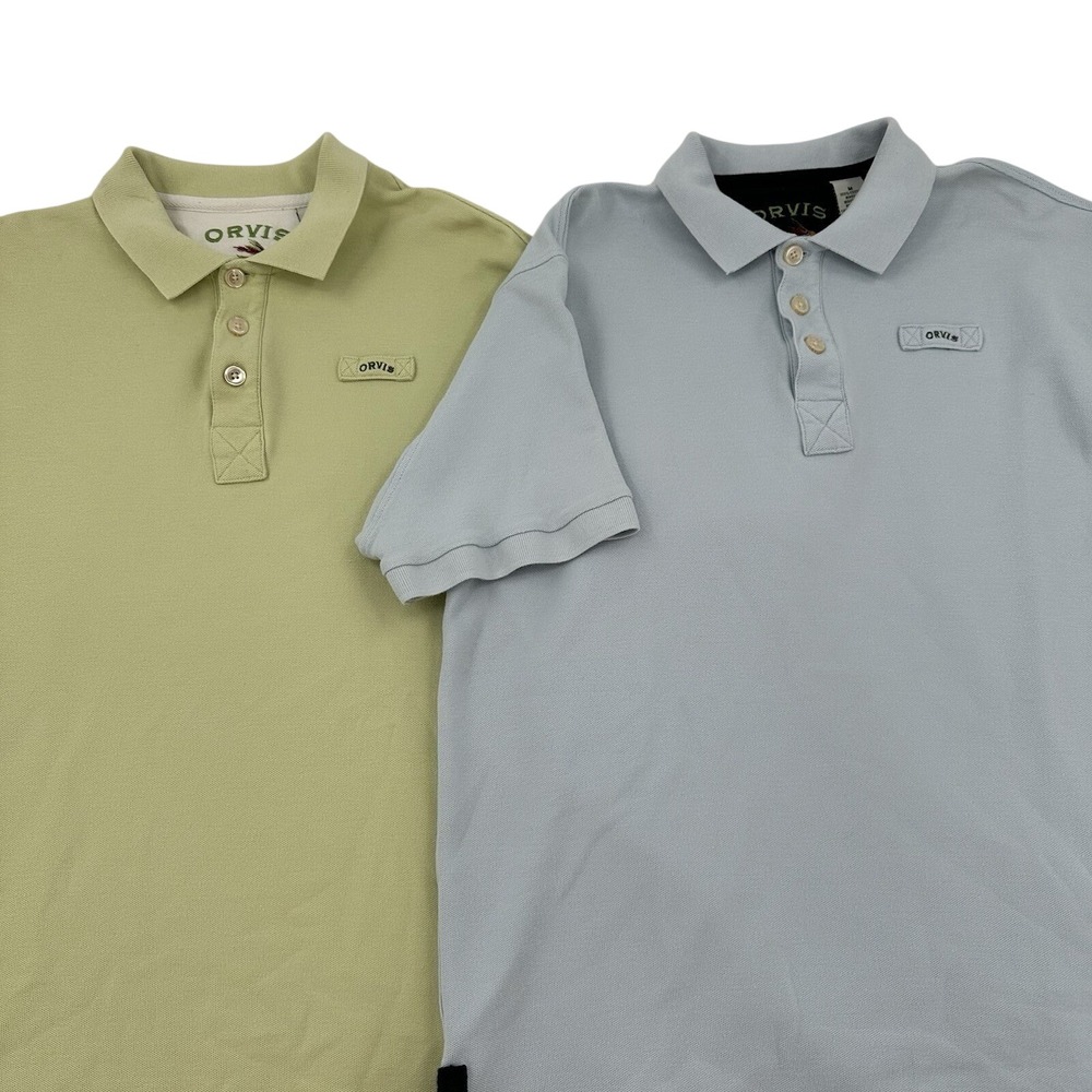 Orvis 1856 Polo Shirts Cotton Pique Blue Green Short Sleeve Lot of 2 Mens Medium